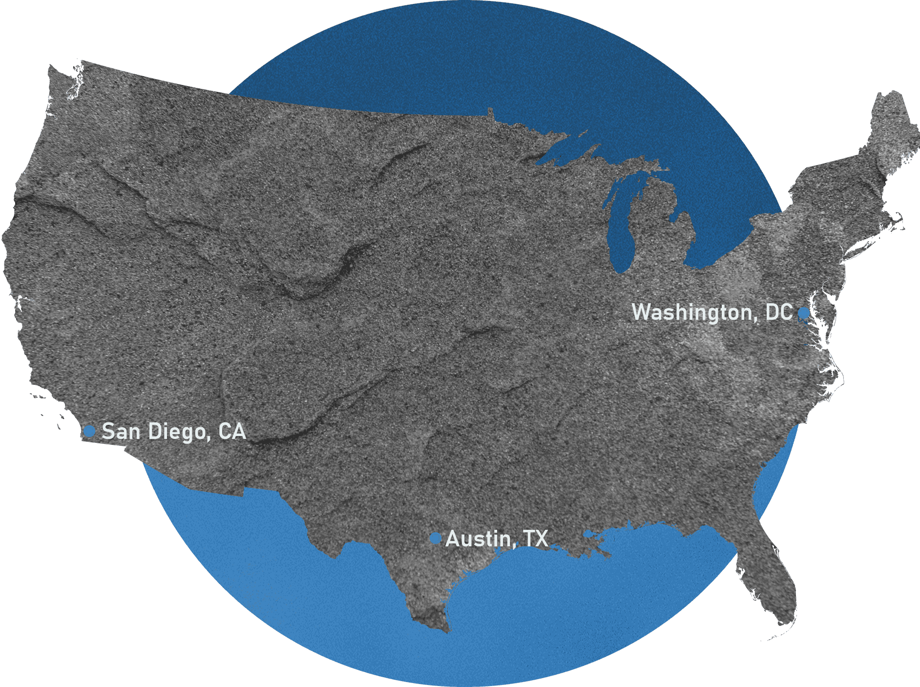 US map showing Fathom5 locations: Team Yellowstone, Washington, DC, and Austin, TX.